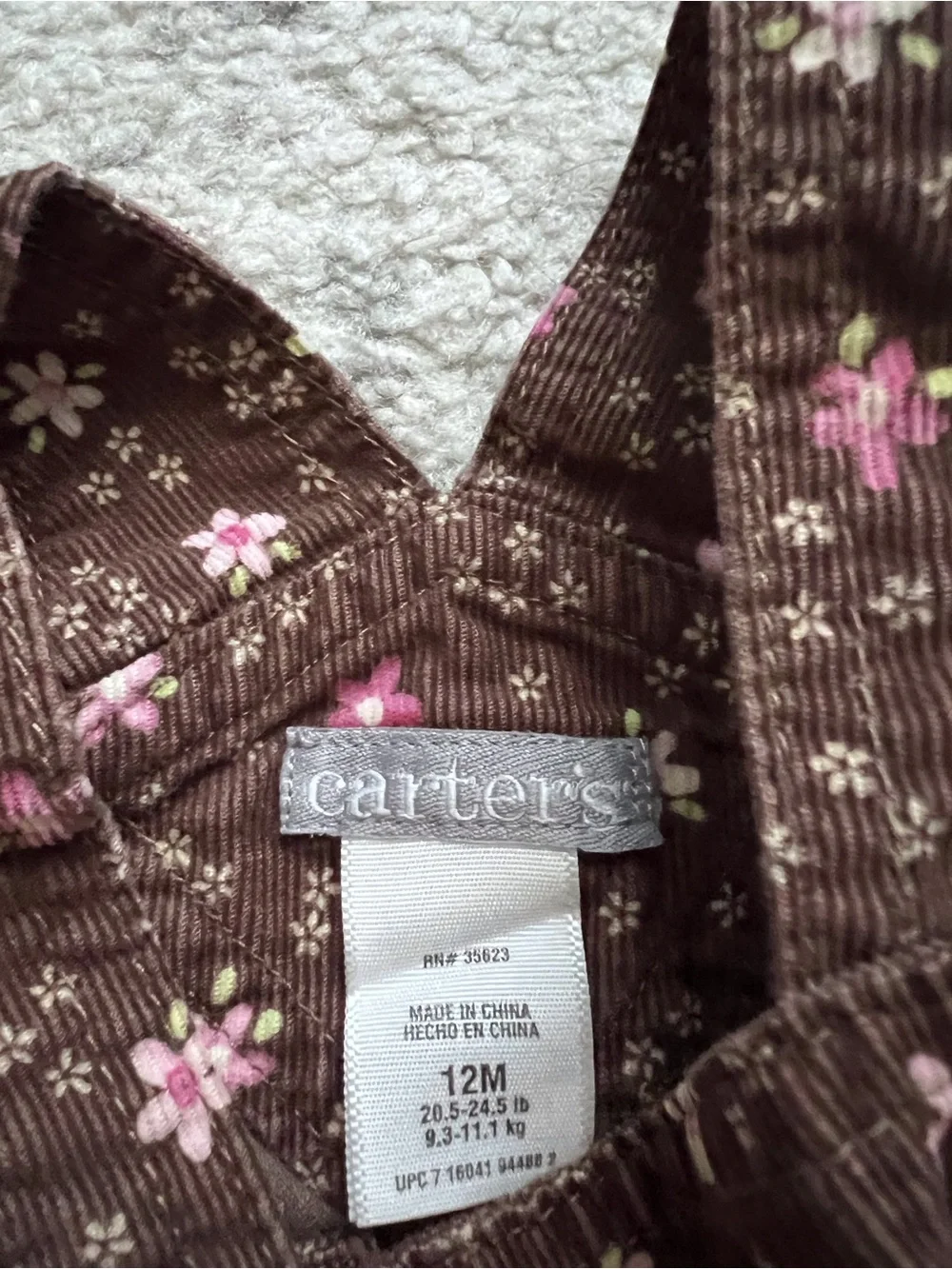Carters 12 Mo Brown Corduroy Overalls Floral Cotton Fall Autumn Pink Flower